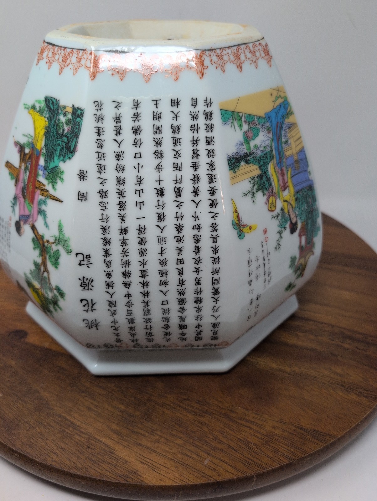 Asian Hexagonal Porcelain Planter 9.25″ By 9″ Tall Women Butterflies Calligraph