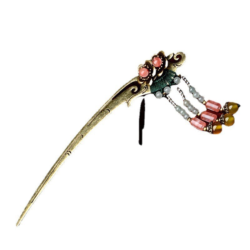 China Dongling Jade/Yellow Agate/Alloy Tassels Tibetan Style Fashion Hairpin