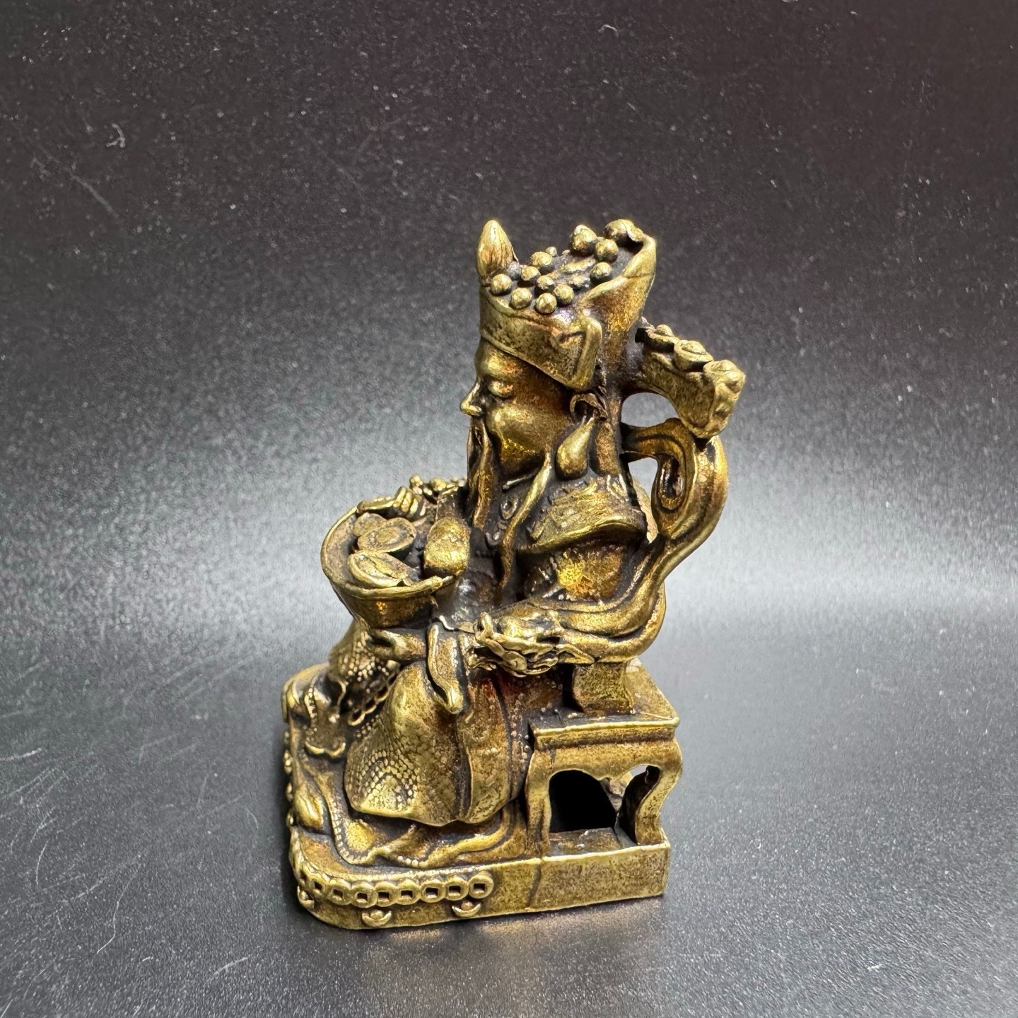 Vintage Brass God of Wealth Mini Statue Holding Gold Ingot Feng Shui Lucky Desk