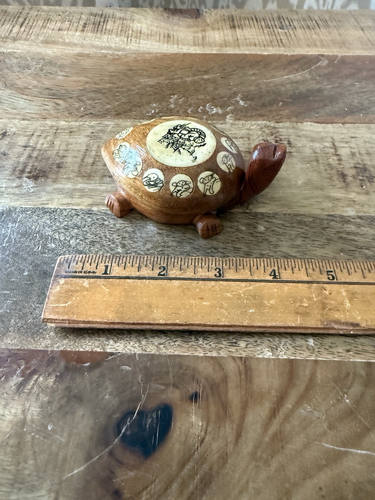 Vtg Asian Carved Wooden Turtle, Opens with Compass and Zodiac Signs