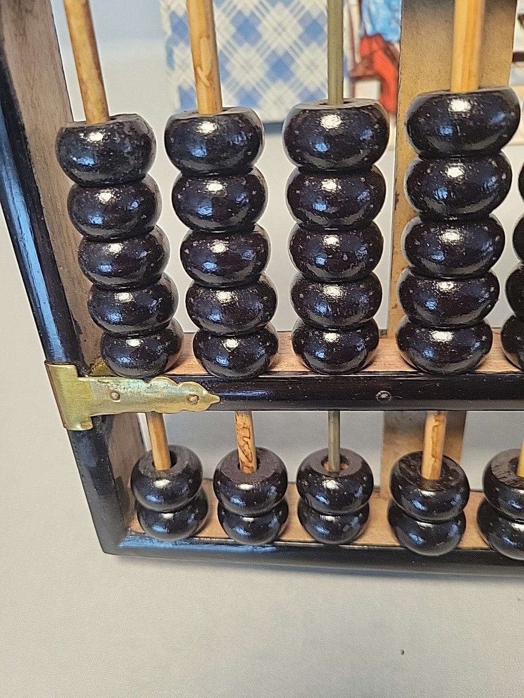 Vintage Chinese Abacus Wood & Brass Lotus Flower Brand Calculator 11 Row 77 Bead