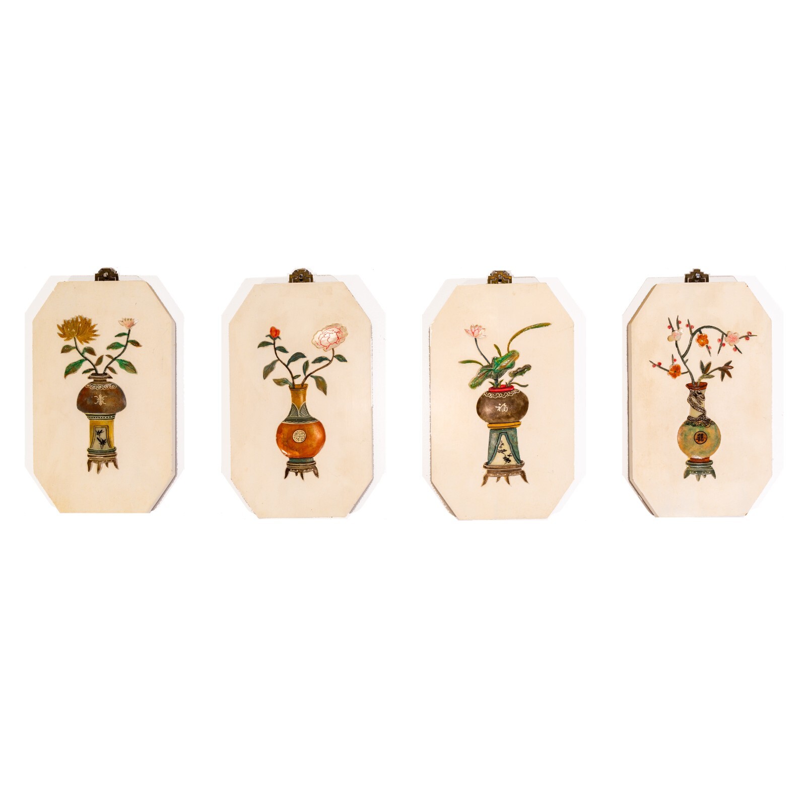Chinese Wall Hanging 4 Panel – Hand Painted Carved Stone – Four Wooden Panels