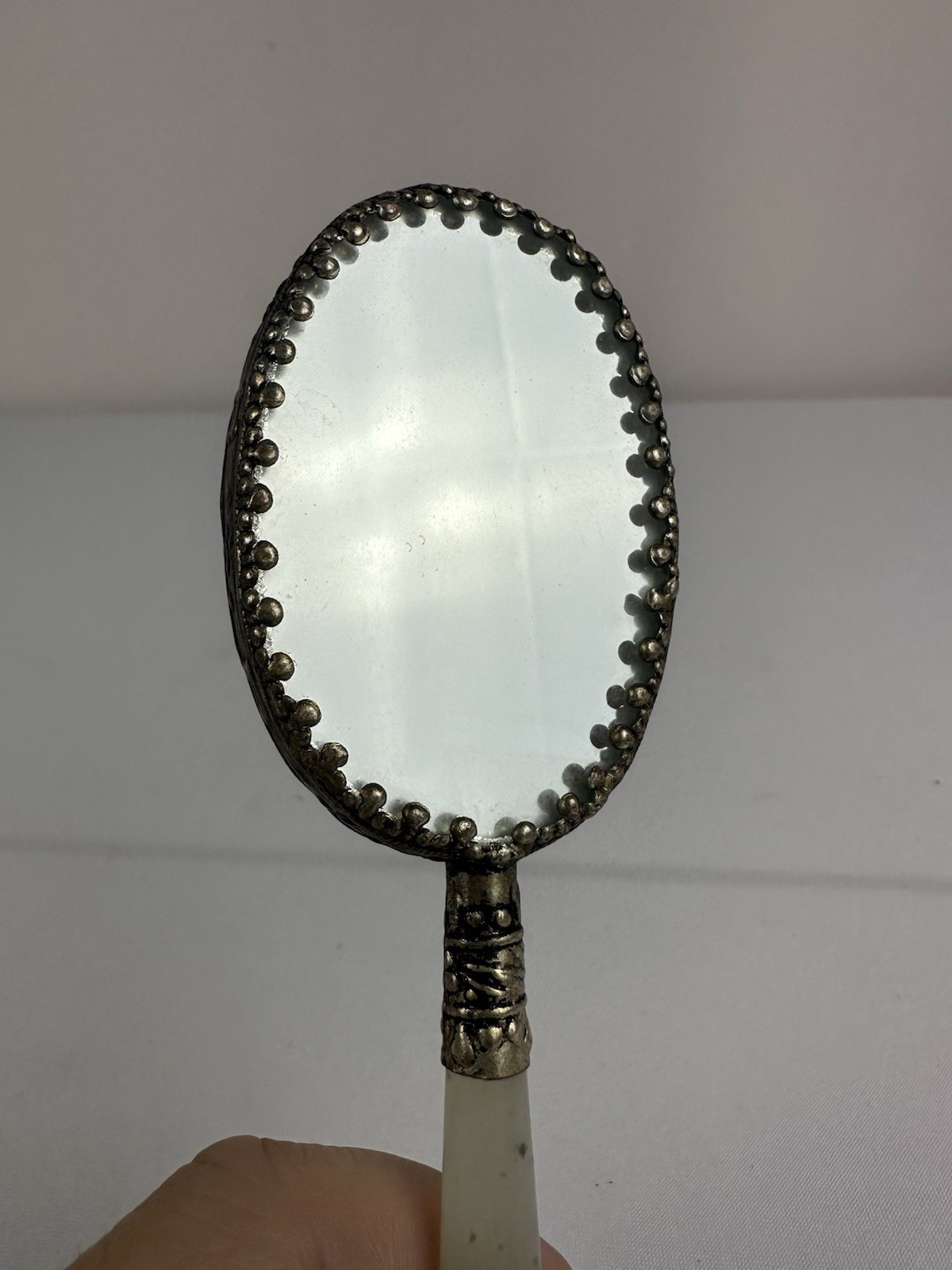 Chinese Decorative Small Hand Mirror w/ Green Stone Handle & Porcelain w/ Birds