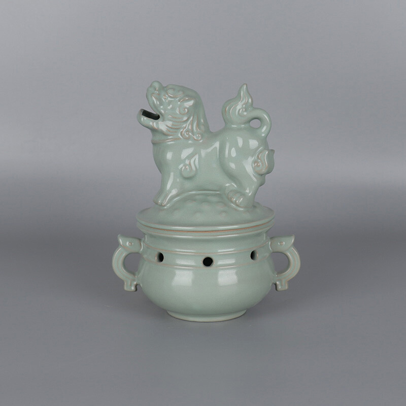 7.4″ China Porcelain Ru Kiln Cracked Glaze Animal Foo Fu Dog Lion Incense Burner