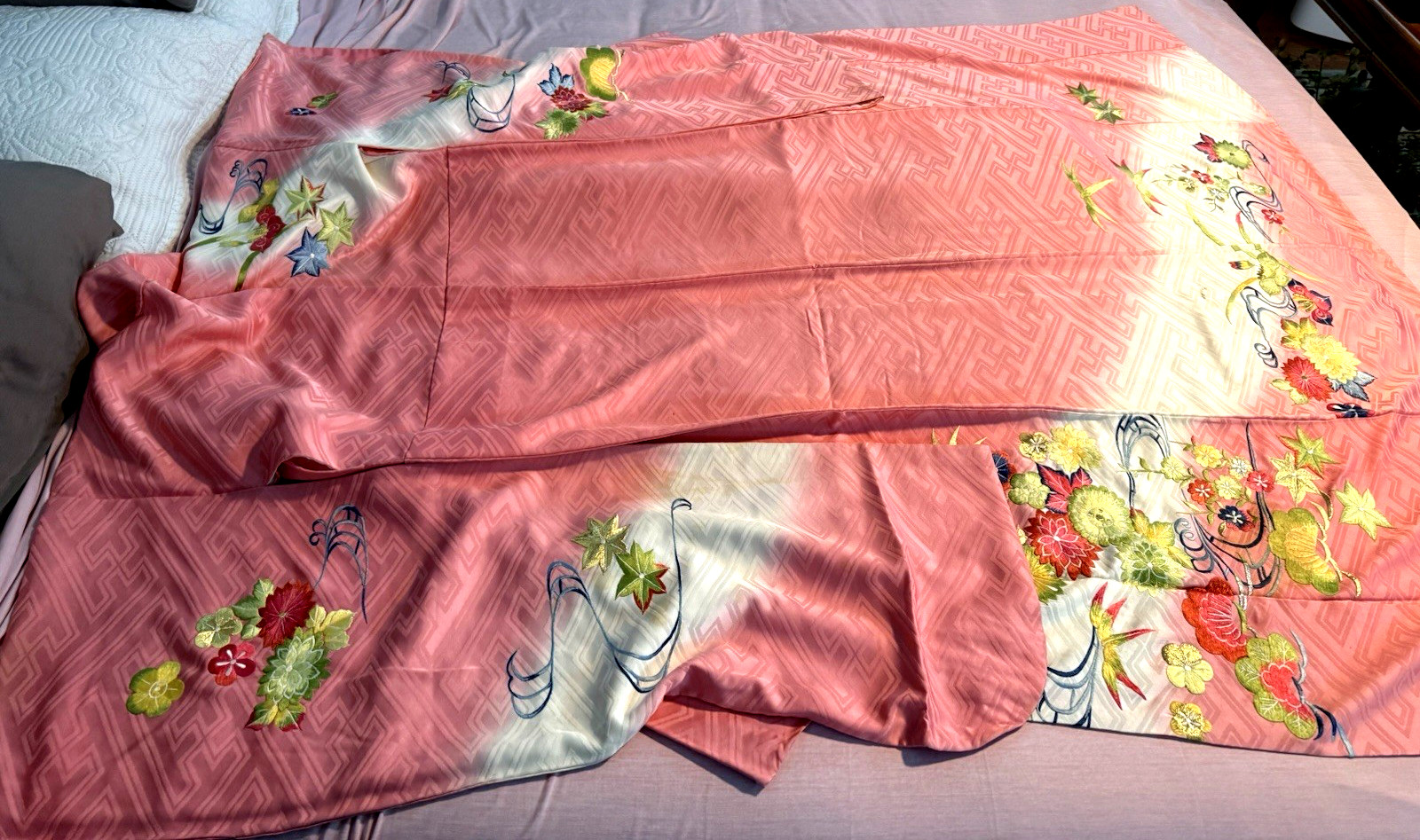 Vintage Japanese Coral Pink heavy Floral Embroidery Silk Furisode silk Lining