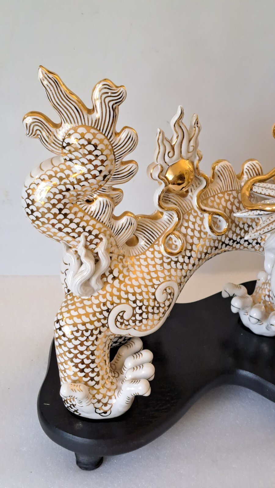 Vintage White/Gold Ceramic Dragon Feng Shui Sculpture 1950s Chinese Zodiac Décor