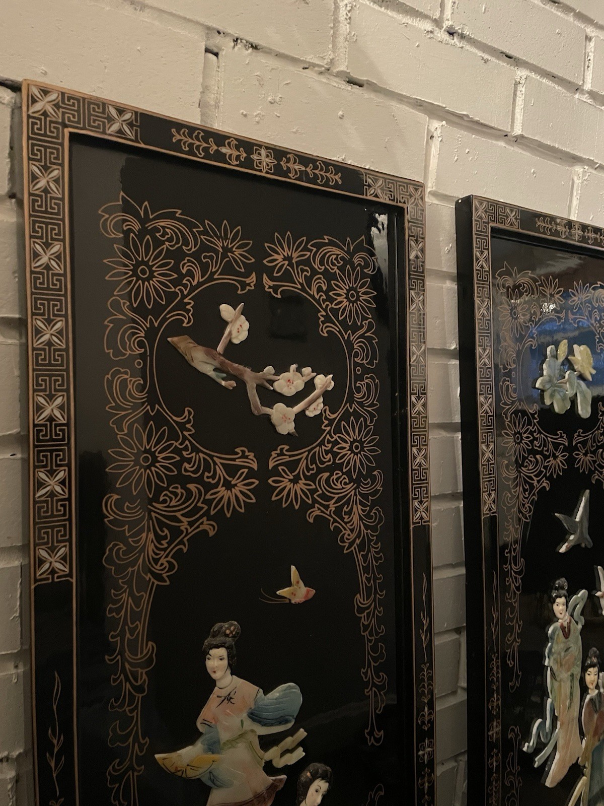 2 Vintage Asian Mother Of Pearl Decorative Wall Panels 12×36 Handmade
