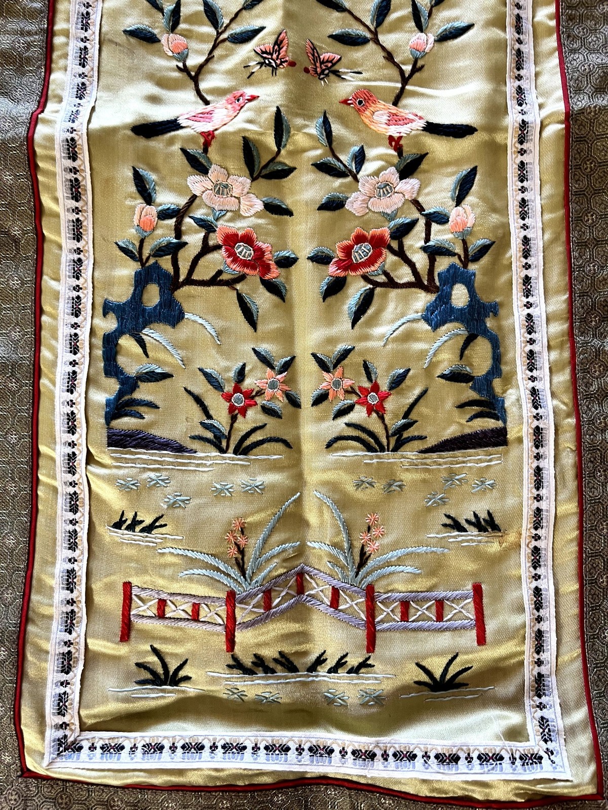 19th Century Chinese Chinoiserie Silk Hand Embroidered Panel 36 x 13