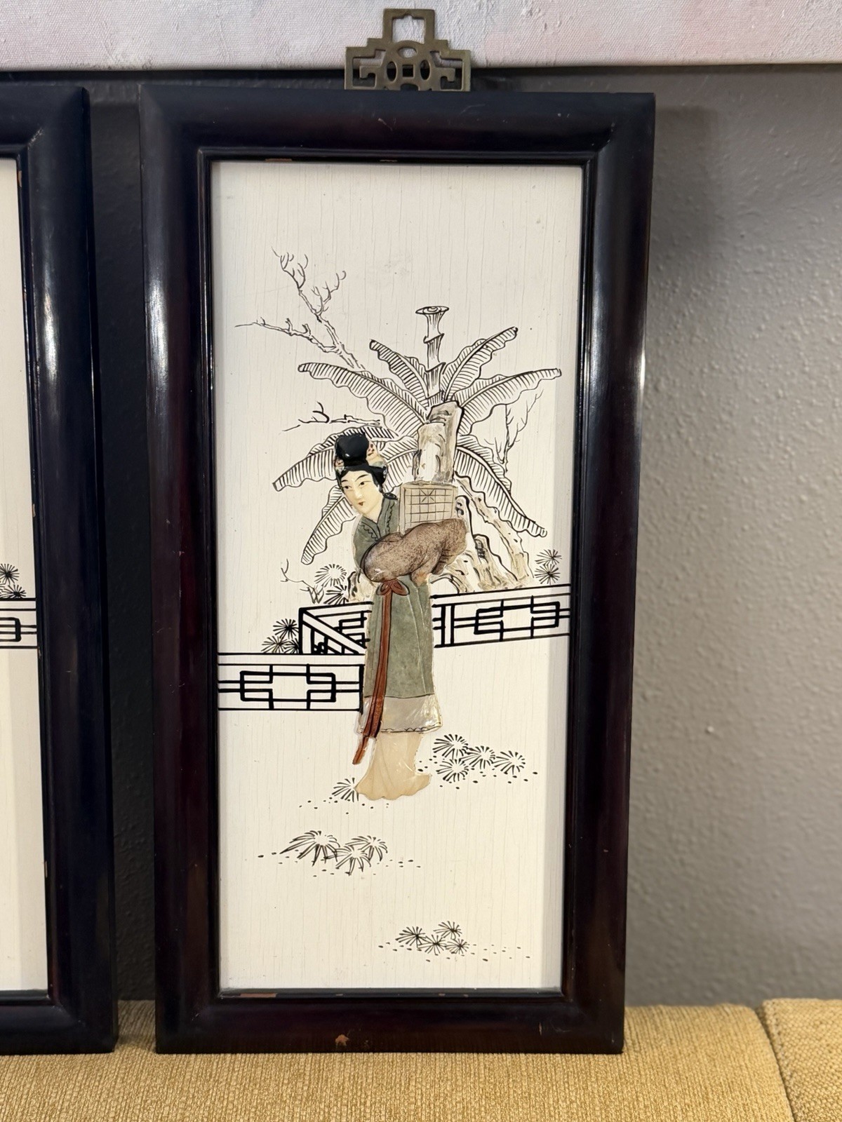 VTG Chinese Black Lacquer Wall Panels Pair Mother Pearl Inlay Geisha Art 19.5×9