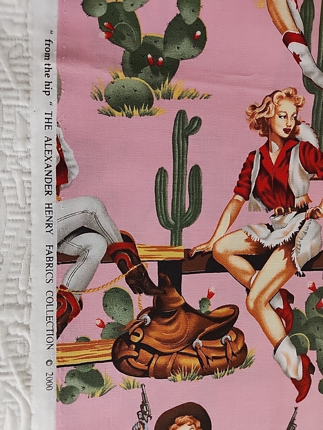 Alexander Henry Fabric From The Hip 2000 Pink 2 Yards Pinup Girls Tape Flaw