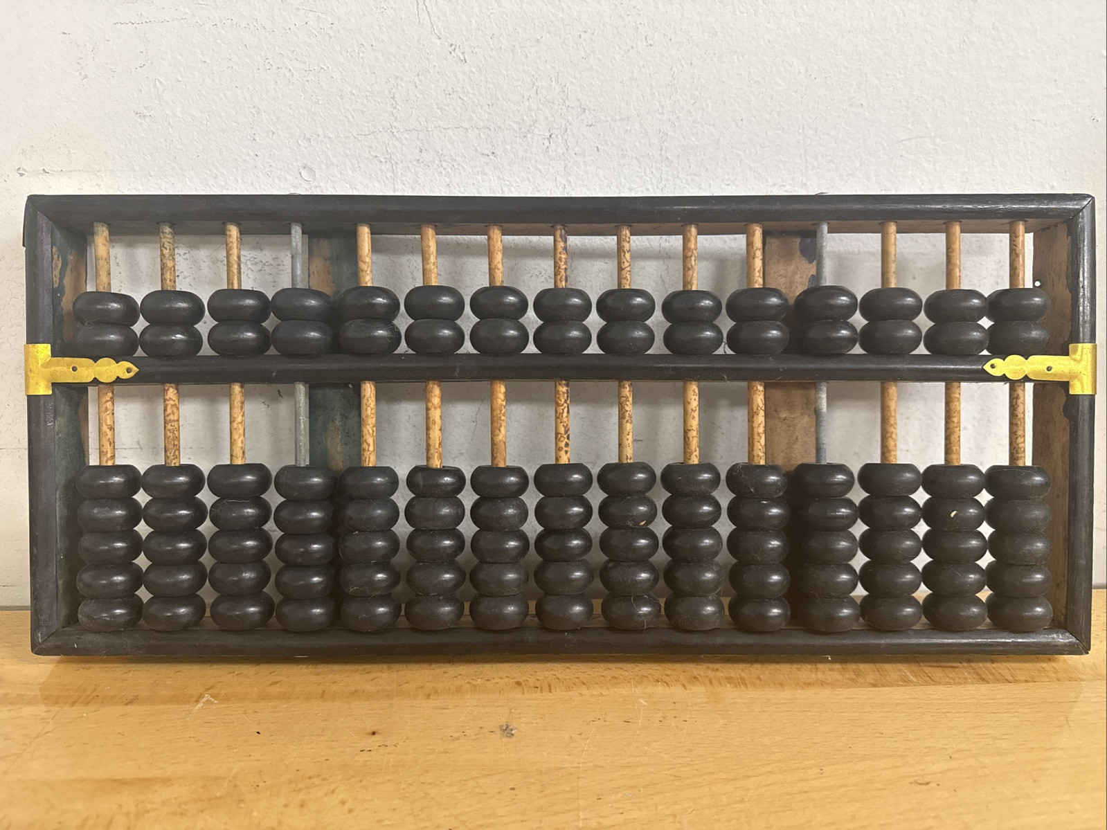 Vintage Chinese Abacus Lotus Flower Brand 15 Rods 105 Beads Wood Black & Brass