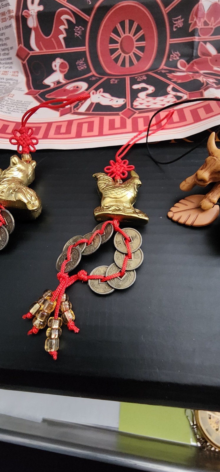 Chinese NEW YEAR Paper Placemat And 5 Brass Tone Figurines