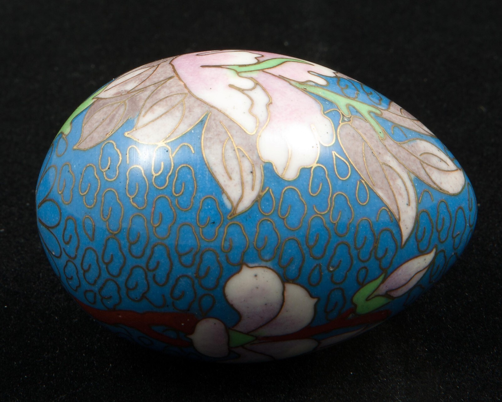 VTG Chinese Floral on Blue Cloisonne Enamel Metal Egg 2-1/2″ Tall w/Stand