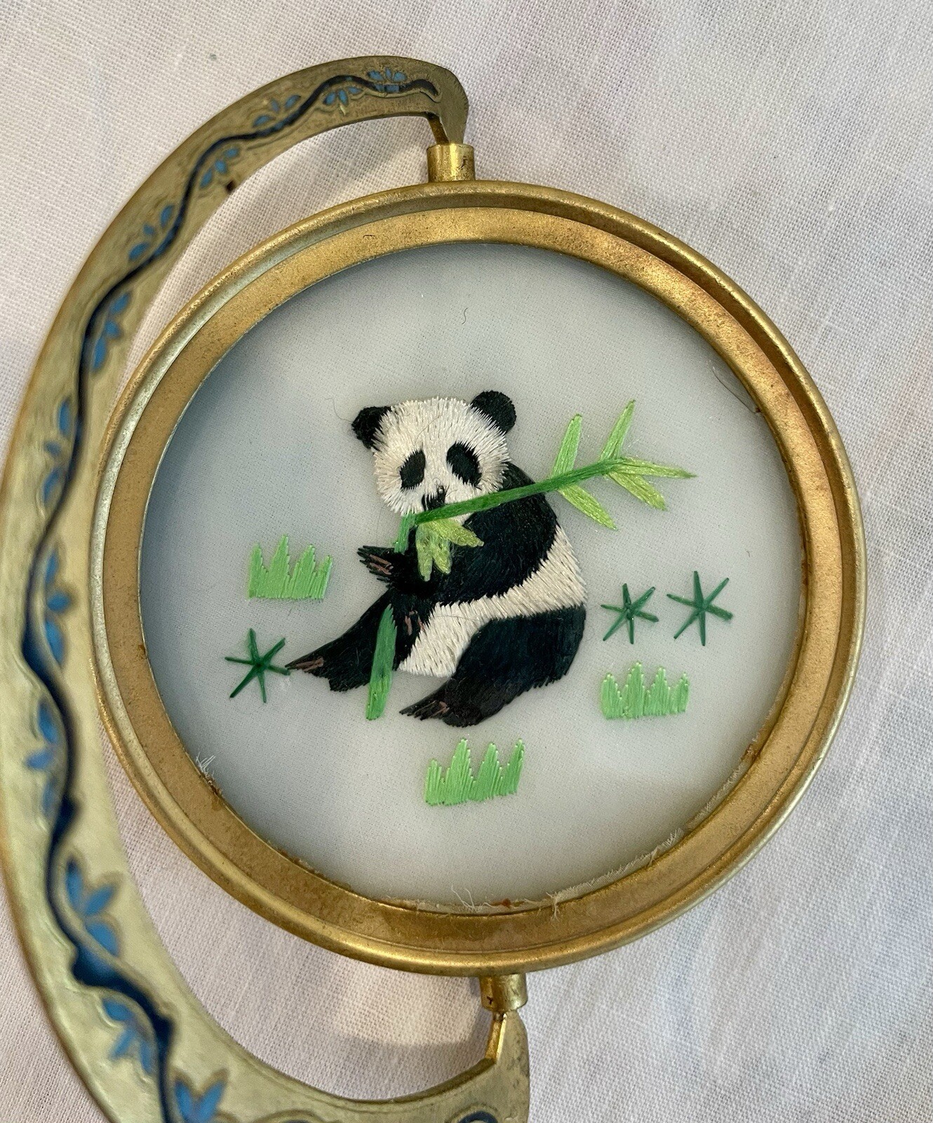 Vintage Suzhou Chinese Silk Embroidered Panda Cloisonné Enamel Metal Stand