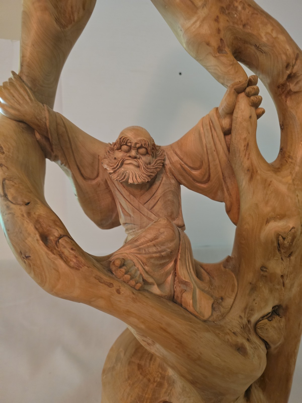 Large Handcarved Cypress Wood Statue Of Bodhidharma Founder Of Zen Buddism