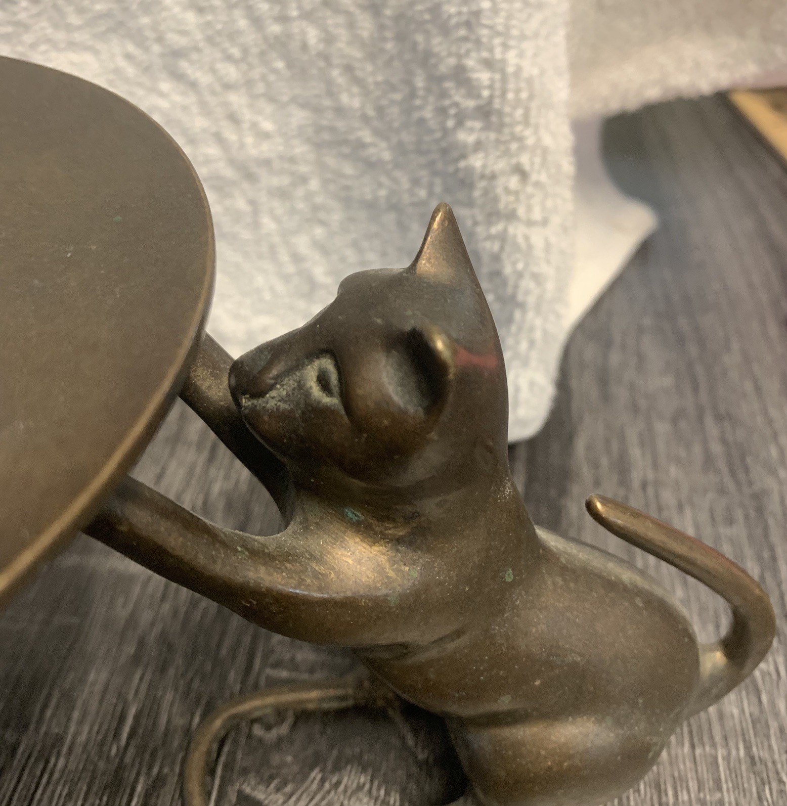 Chinese Folk Copper Bronze Lucky Cat Statue Candle Holder Candlestick pricket