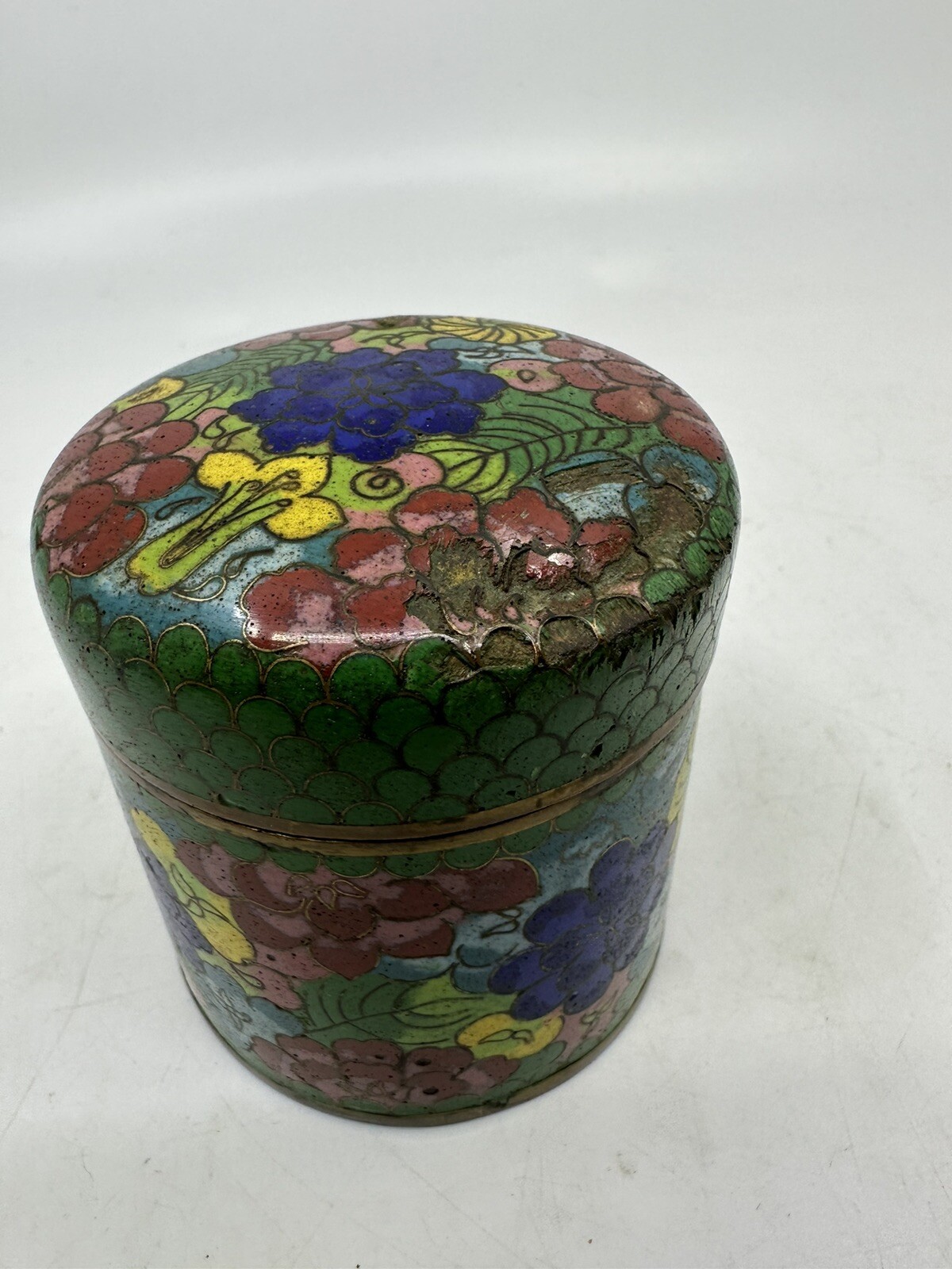 Late 1800’s Chinese Cloisonne Enamel Metal Tea Caddy W Lid Damaged Lid