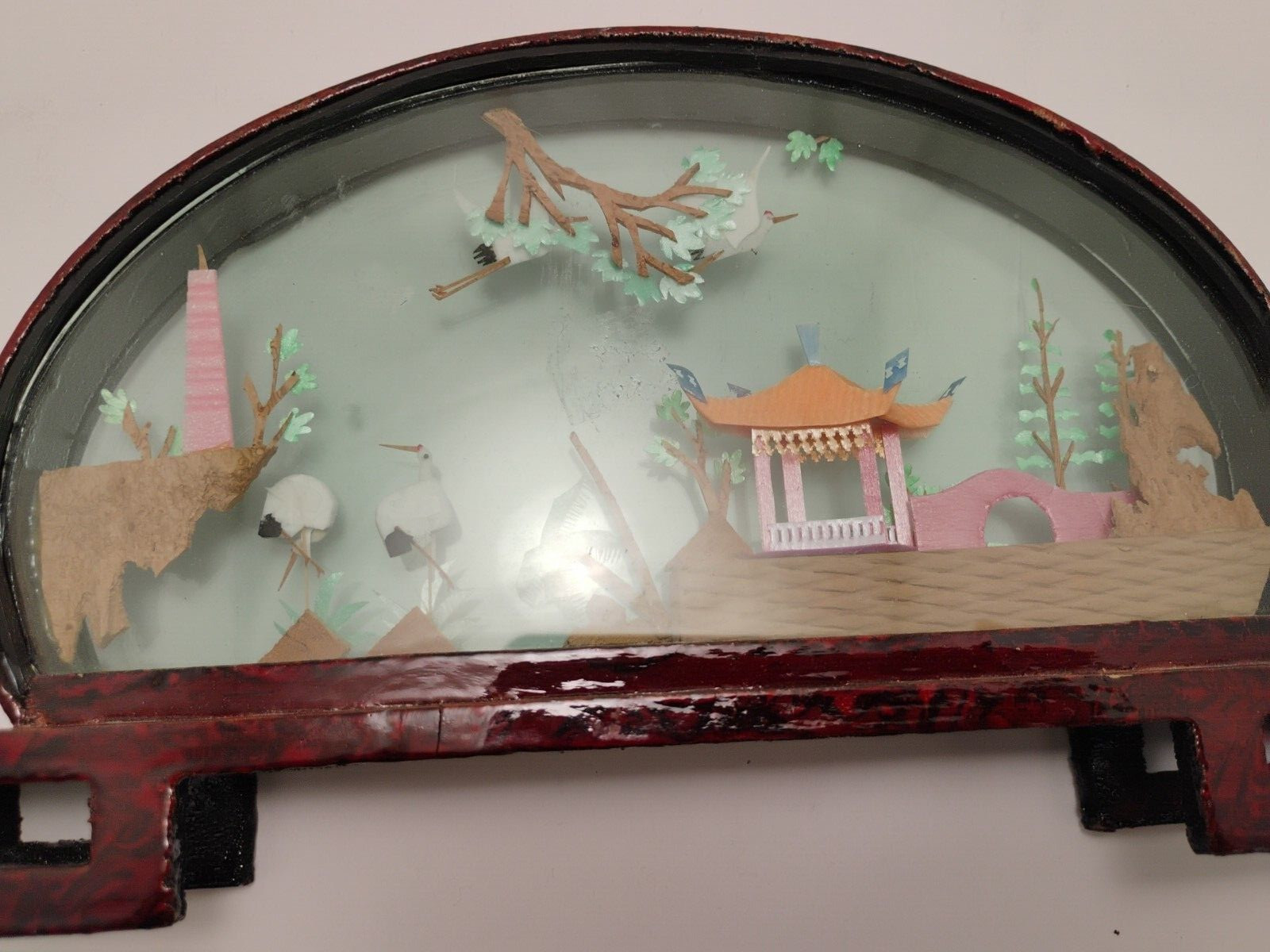 Vintage Chinese Cork Art HAND MADE Oval Lacquered Wood Glass 14×2″ Beautiful
