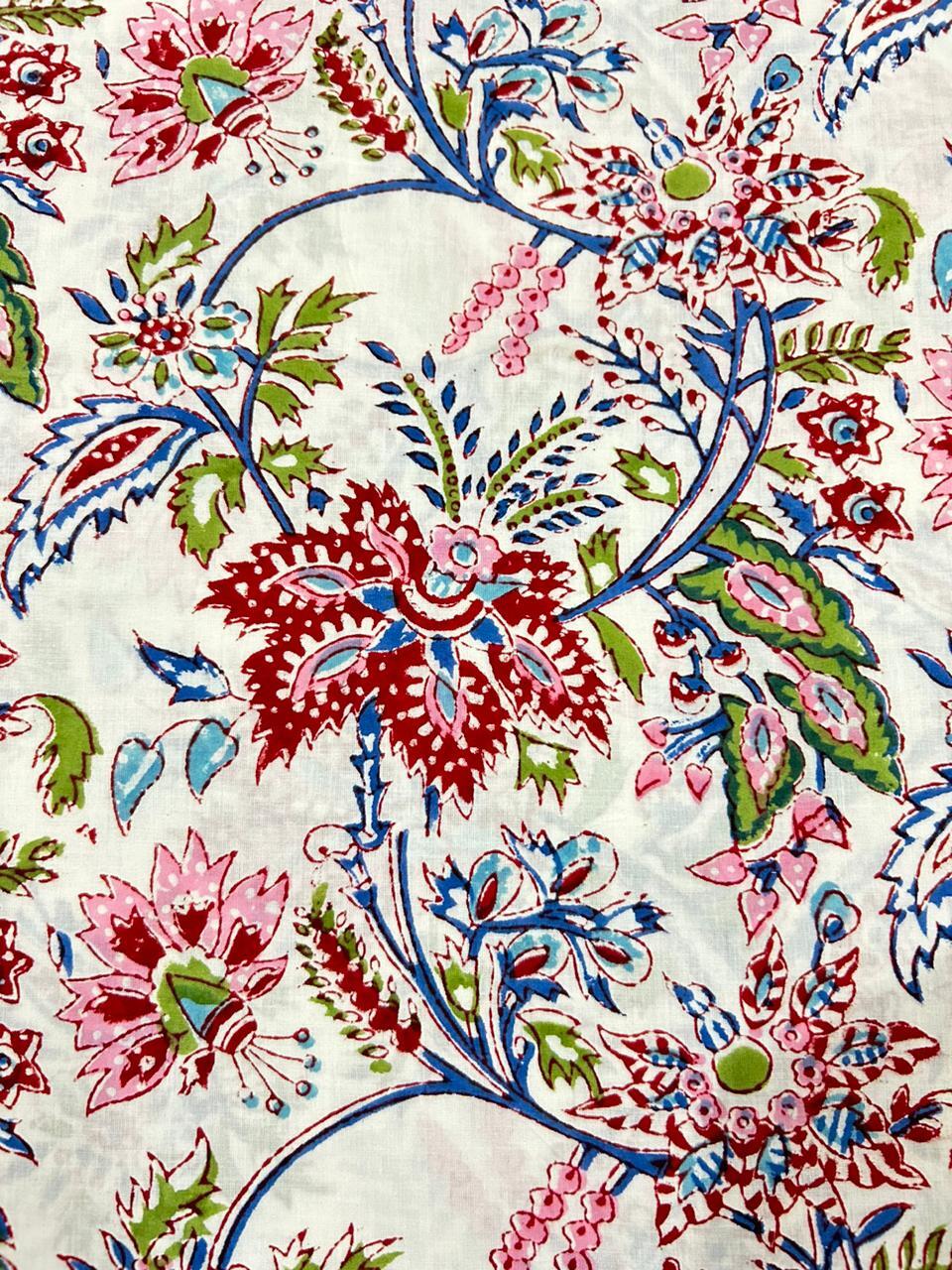 5 Yard Indian Hand Block Floral Print Pure Cotton Running Fabric nature loving