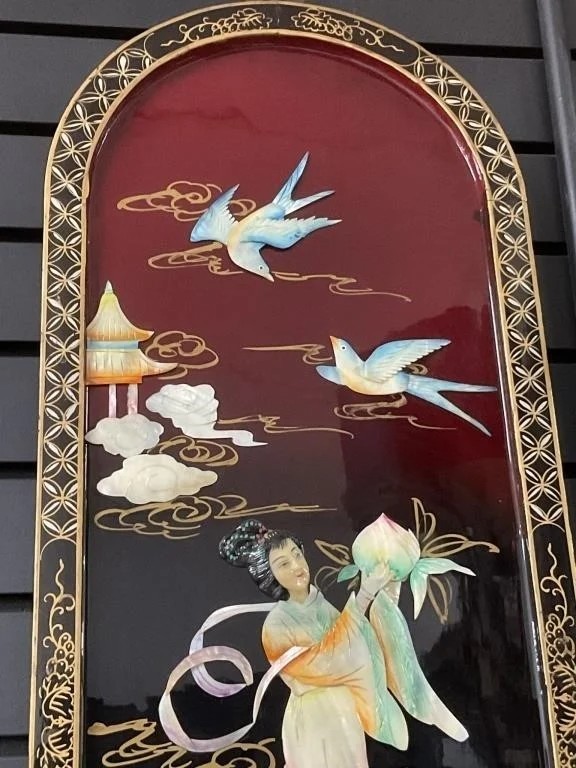 Vintage Chinese Lacquer Wall Panel – Mother‑of‑Pearl Inlay – 12×36 in