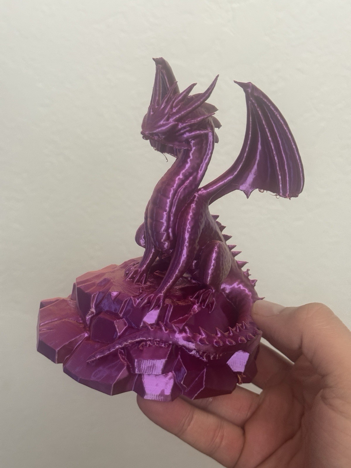 BICOLOR Dragon Figurine (Violet & Gold) Mouth Damaged! – H 6.5” × W 5” × D 4.5”