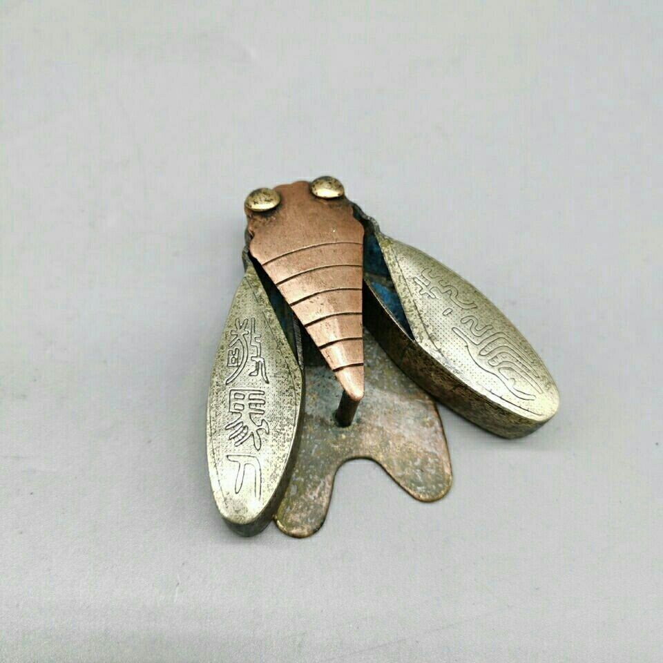 Vintage Mixed Metal Cicada Figurine Chinese Antique Handheld Ornament Pendant
