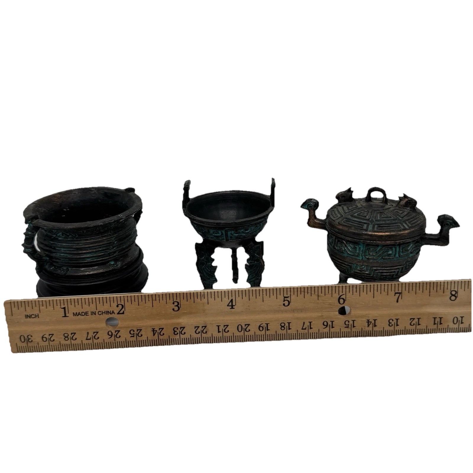 Vintage Set of 3 Chinese Bronze Small Leiwen Ding Tripods Censer Wooden Stand
