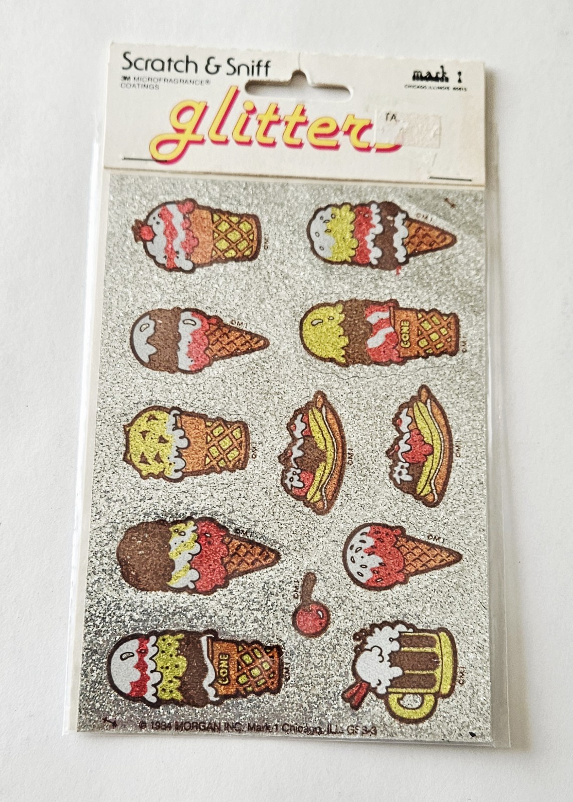 Vtg Scratch & Sniff Stickers NIP Glitters Ice Cream 1984 Mark 1 Cones Split