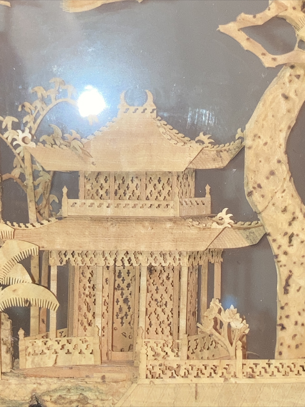 VINTAGE CHINESE SAN YOU DIORAMA CORK CARVING GLASS CASE PAGODA TREES & CRANES