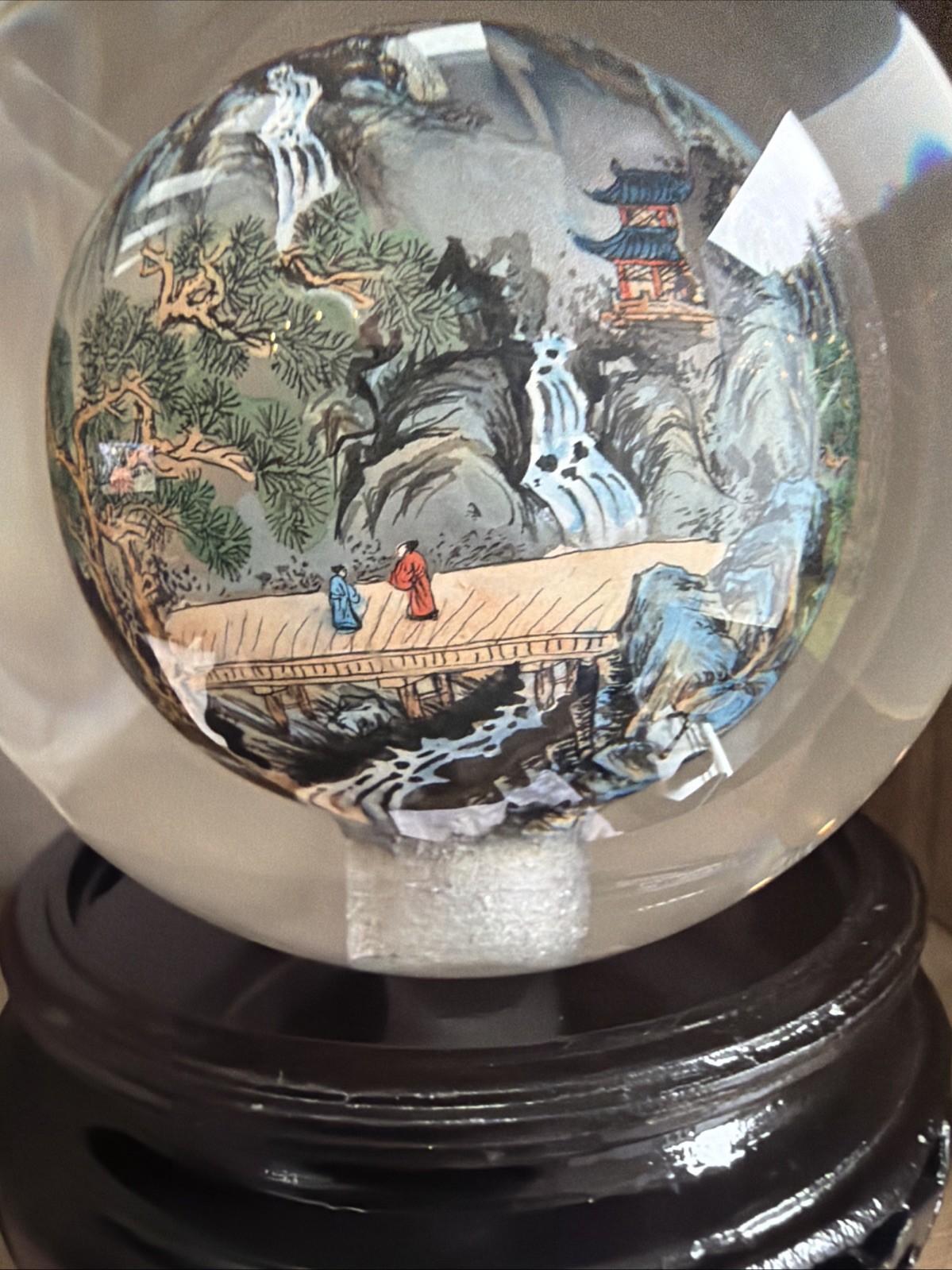 Vintage Chinese Hand Painted Reverse Art 4.5″ Glass Globe On Wooden Stand