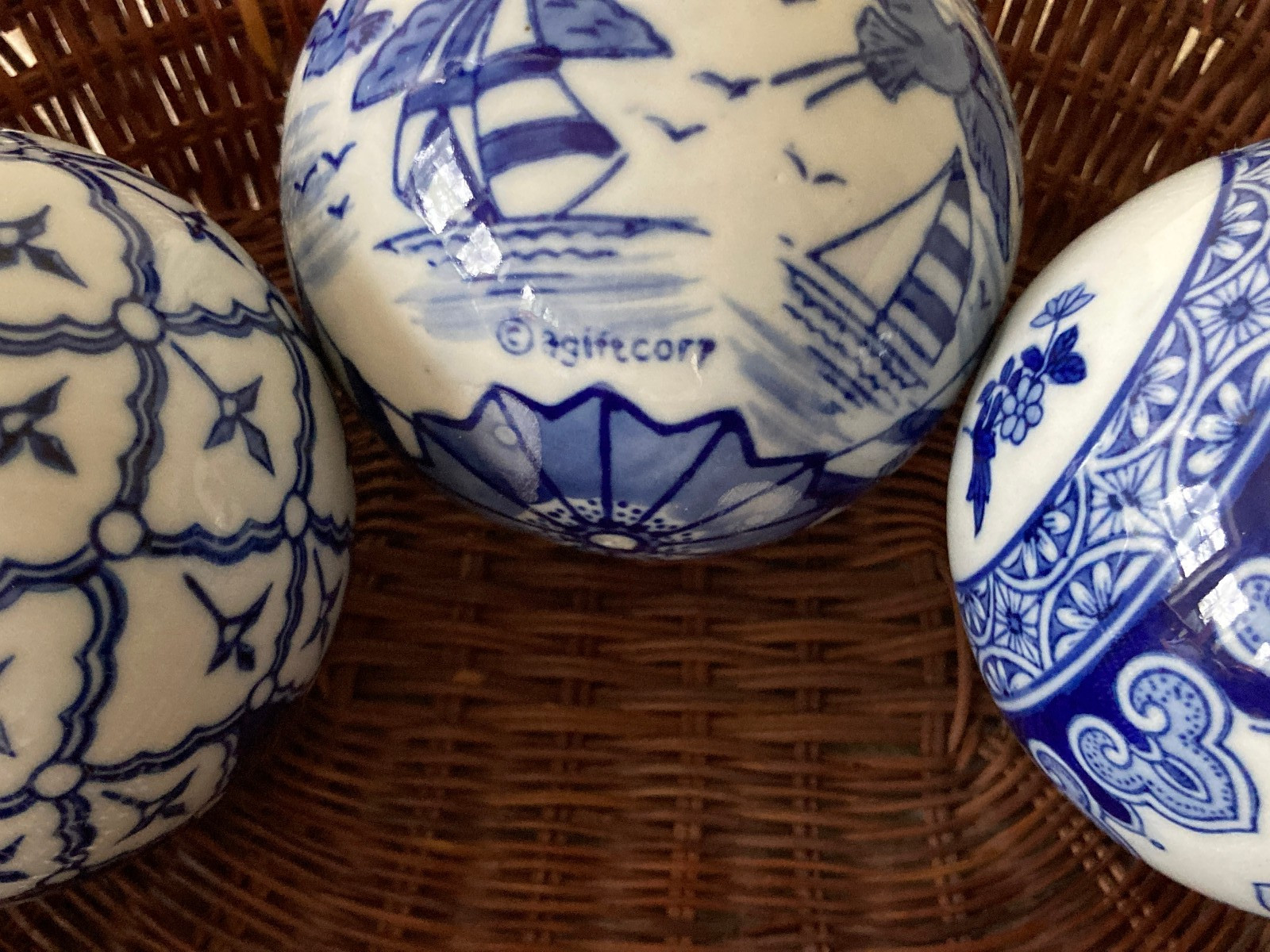 Lot~3 Cobalt Blue & White Carpet Balls 3.25-3.5″ Geometric Patterns & Lighthouse