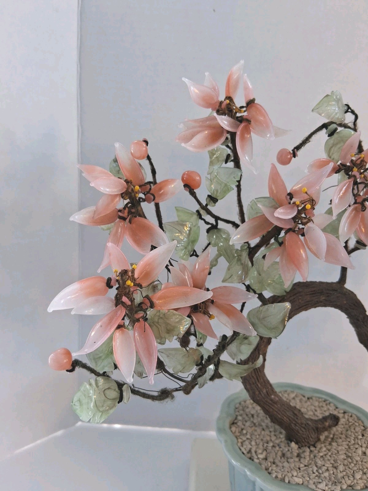 Vtg! XL Asian Bonsai Jade Glass & Coral Color Quartz Flowering Tree;14.5″x 13.0″