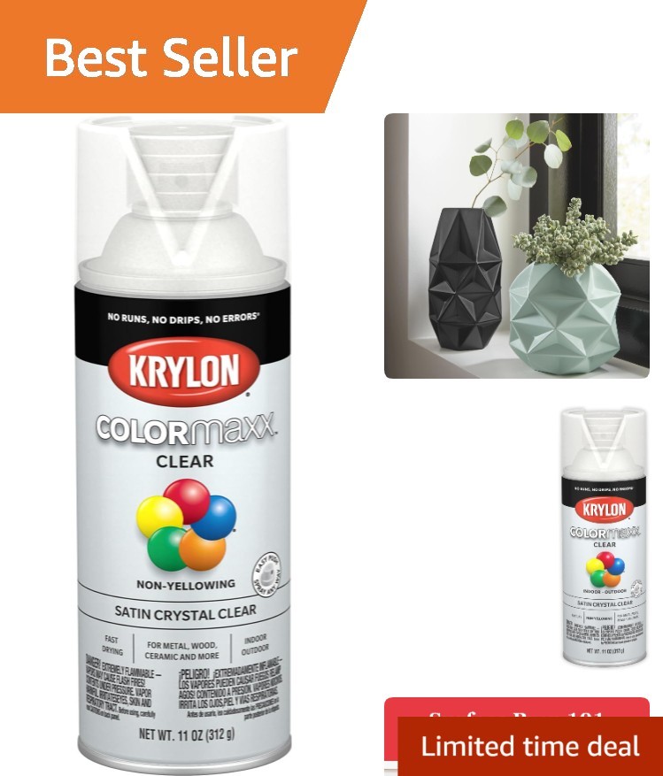 Krylon COLORmaxx Satin Crystal Clear Acrylic Spray Paint 11oz – Durable Finish