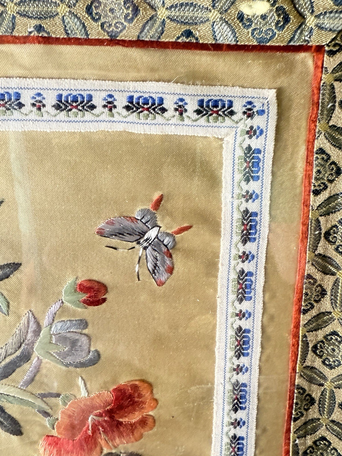 Vintage Chinese Silk Embroidery Double Panel Framed Butterflies Flowers