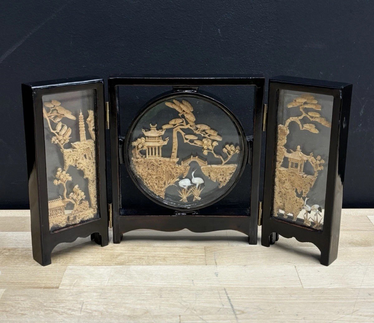 Vintage Chinese Cork Art Hand Carved Tri-Fold Diorama Box Pagoda Trees Cranes