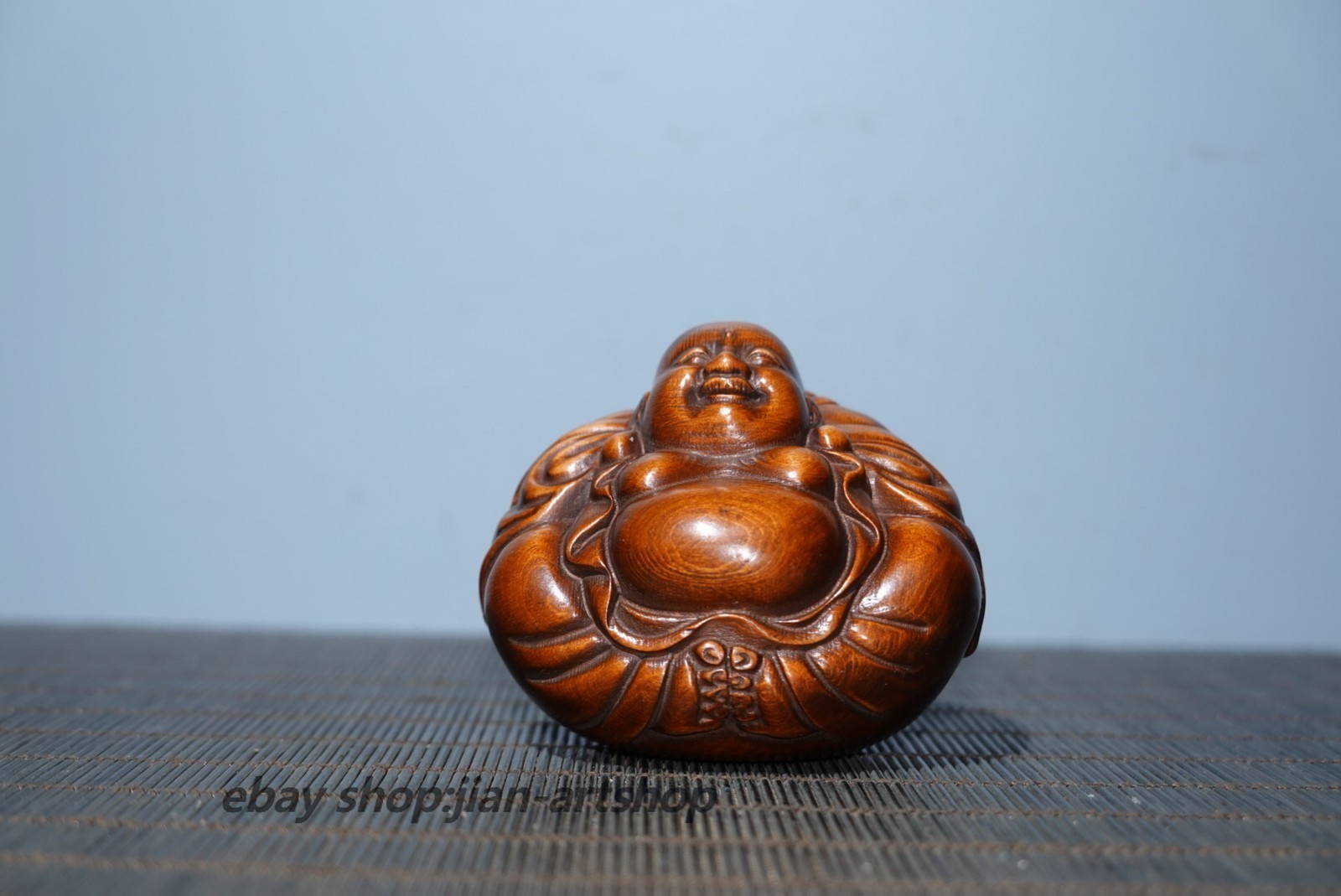 2.4″ Collect China Box-wood Carving Buddhism Happy Laugh Maitreya Buddha Statue
