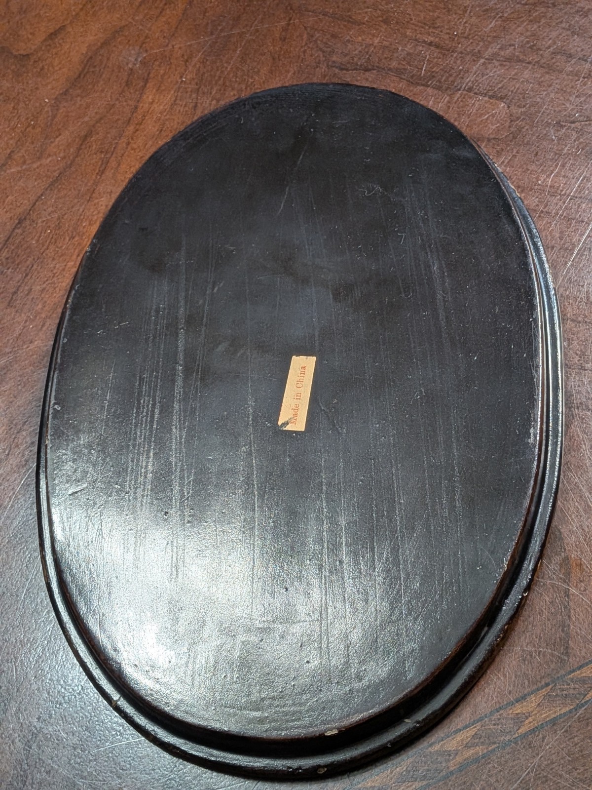VINTAGE Estate Chinese Oval Wood Plaque Tray Mother of Pearl Inlay Figure 9.5″