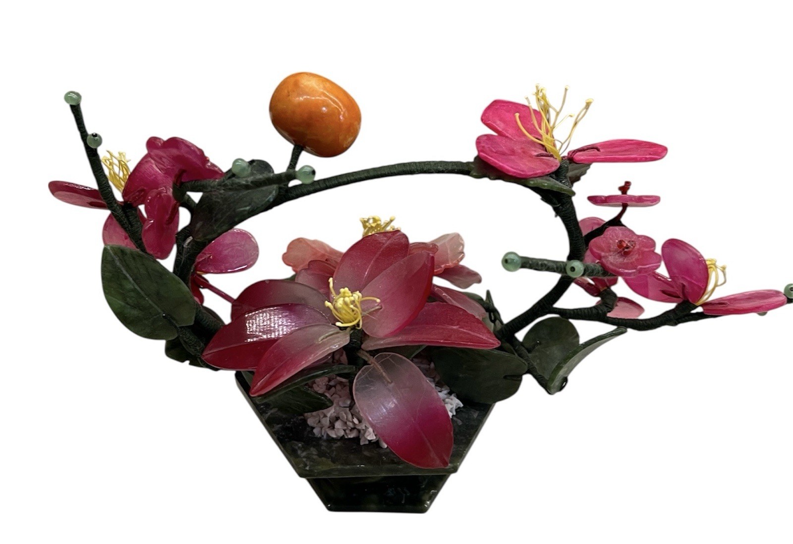 Vintage Japan Carved Stone Jade Bonsai Flowering Tree Pink Flowers/Tangerine
