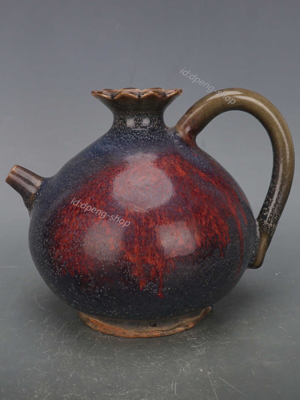 9″ Chinese Jun Kiln Porcelain Green Glaze Rose-bengal Fambe Zhi Kettle