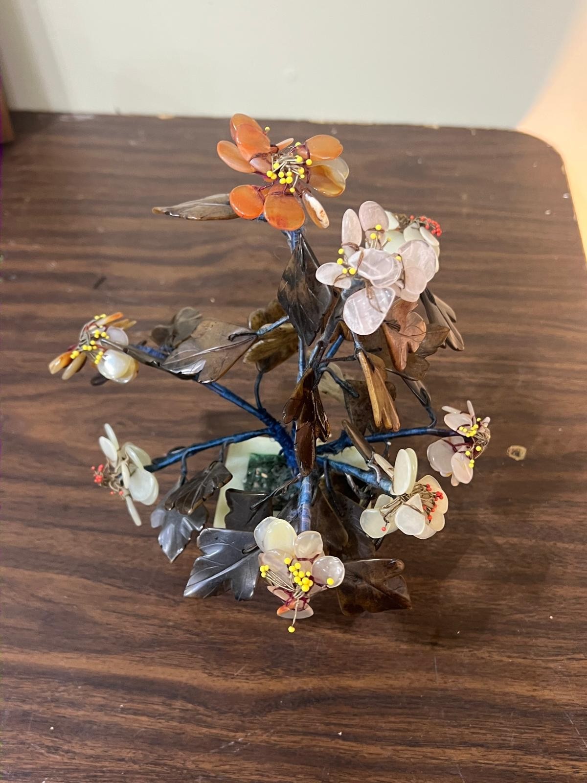 Vintage Chinese Jade and Quartz Hand Carved Flower Tree with Soapstones 10 1/2″