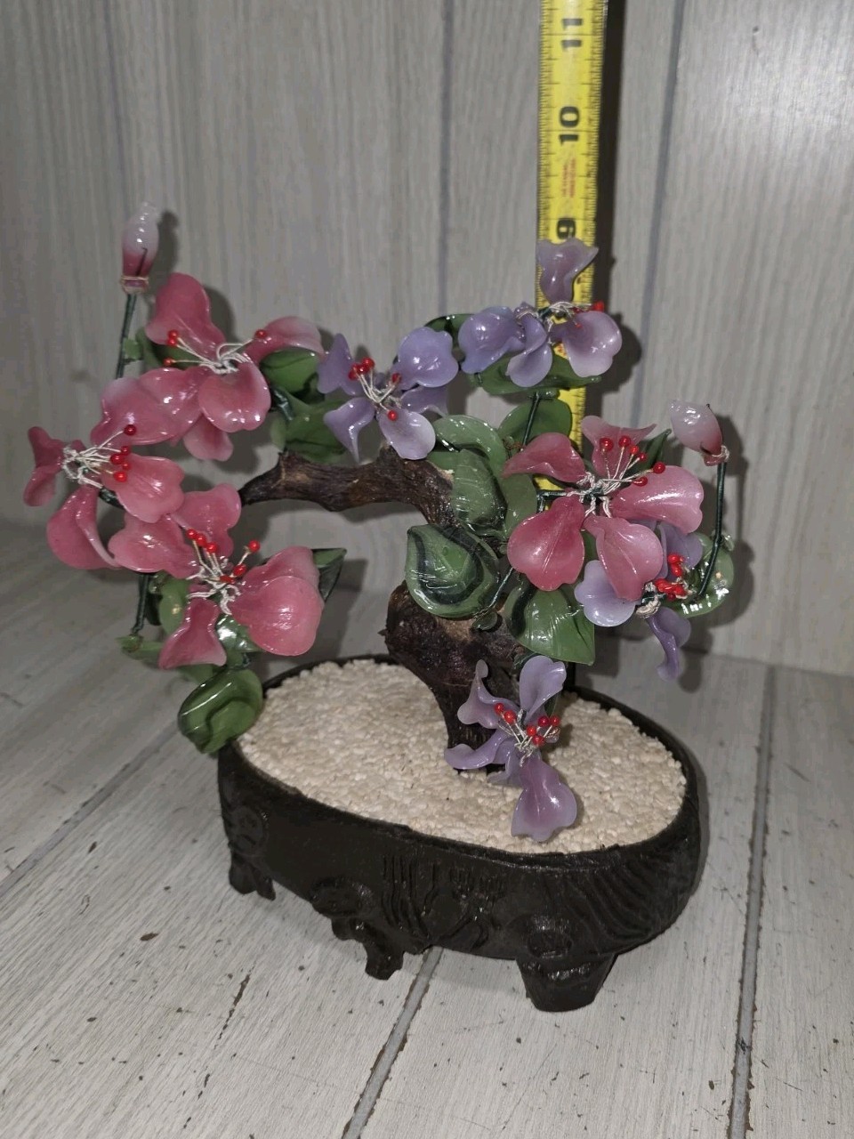 Vintage Chinese Peking Glass Jadeite Cherry Blossom Bonsai Tree Pink Purple MCM