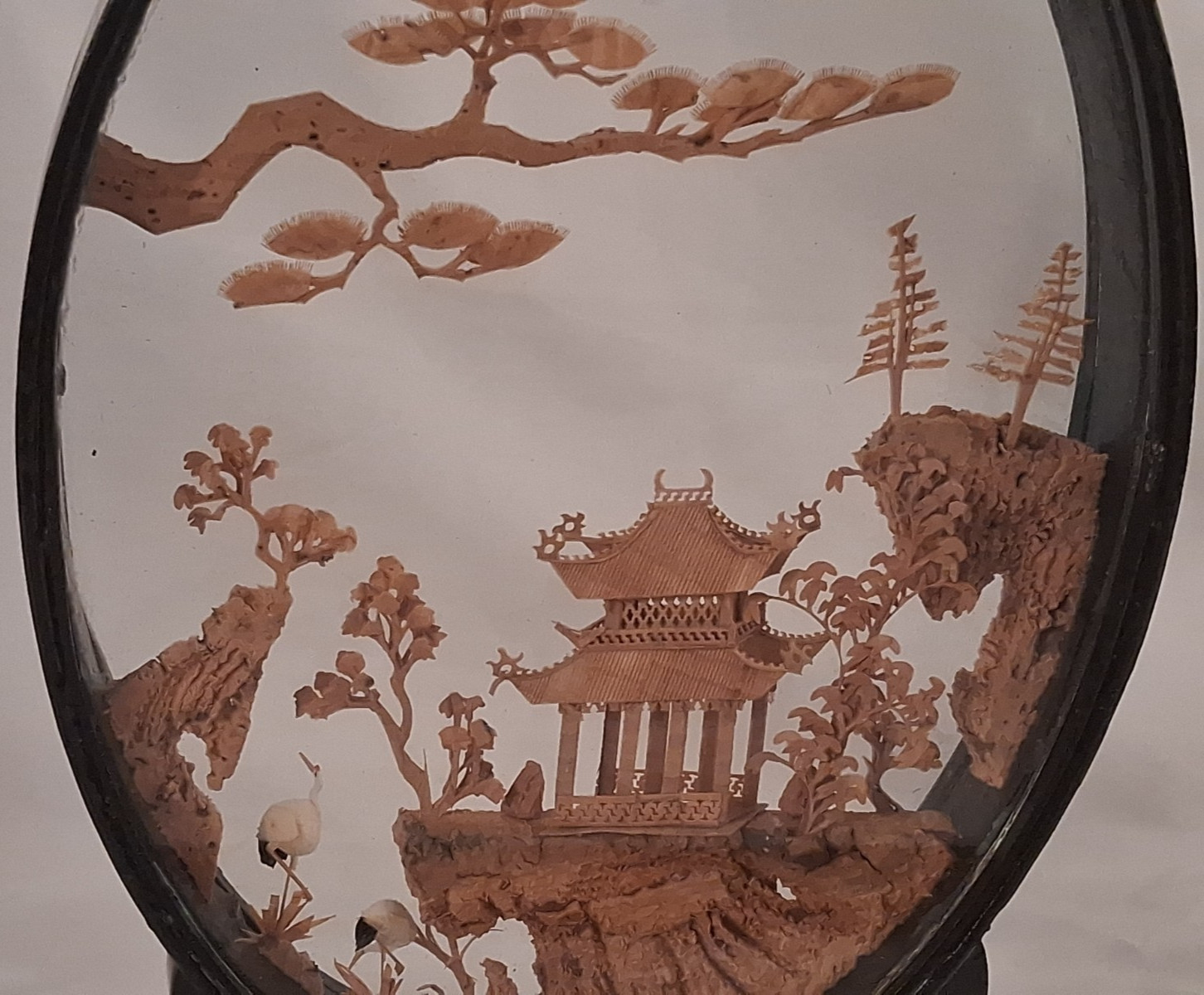 San You Chinese Carved Cork Diorama Glass Case Cranes Pagoda Trees 8 Inch