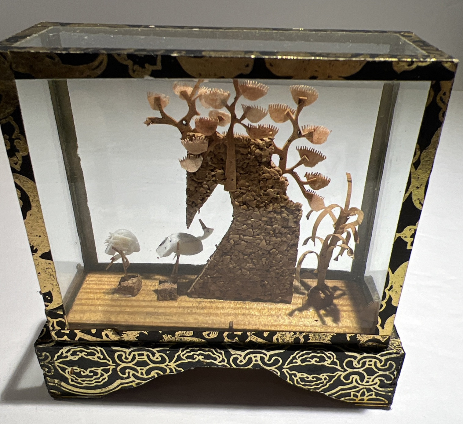 Vintage Oriental Chinese 3D Handcarved Cork Diorama Trees/Cranes 4×3.5×1.25 Inch