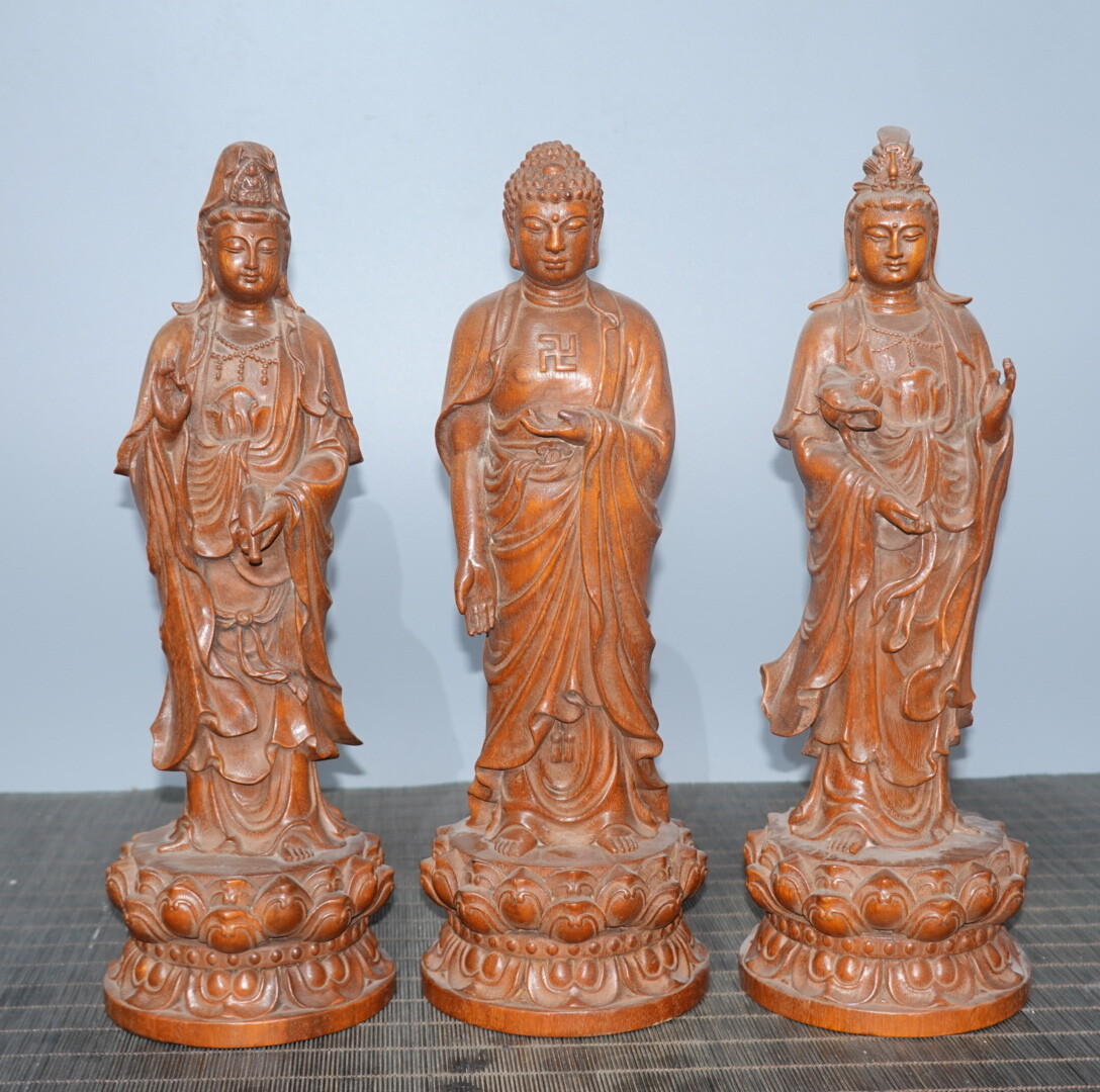 11.4″ China Box-wood West Three Saints Avalokitesvara Sakyamunim Amitabha Statue