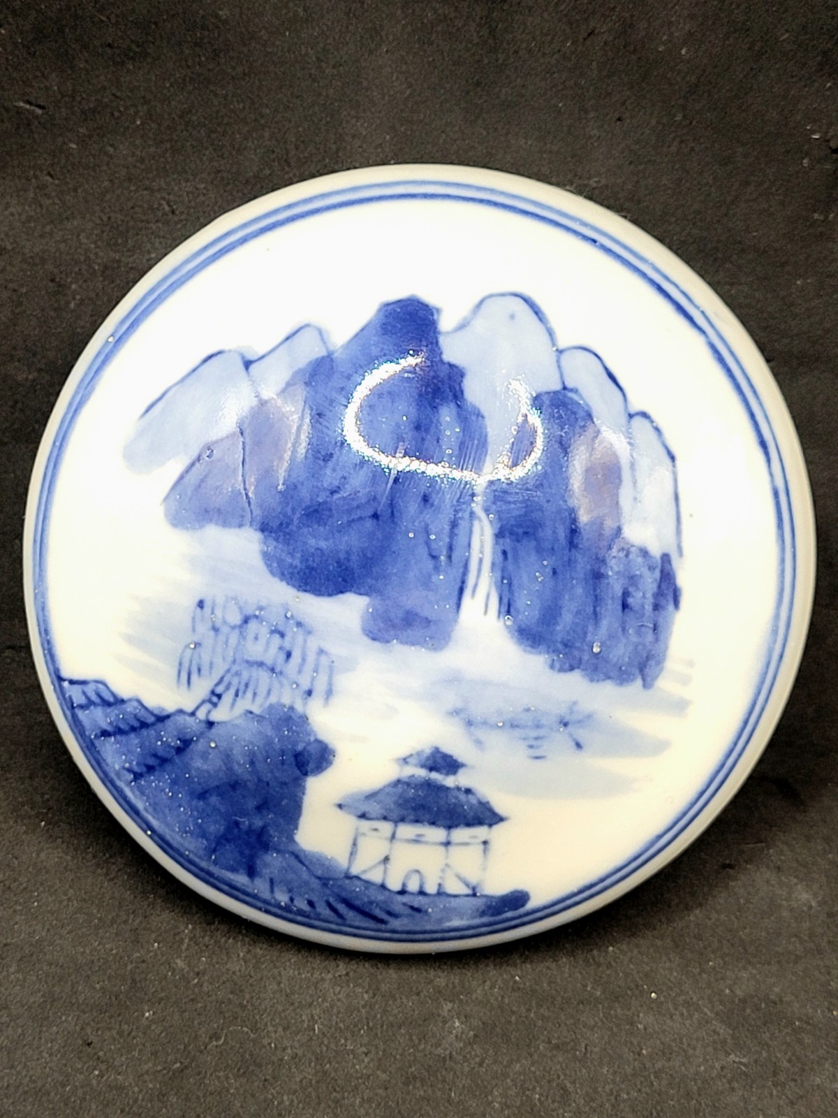 Vintage Blue & White Porcelain Trinket Box Asian Landscape Scene Lidded Dish 2″