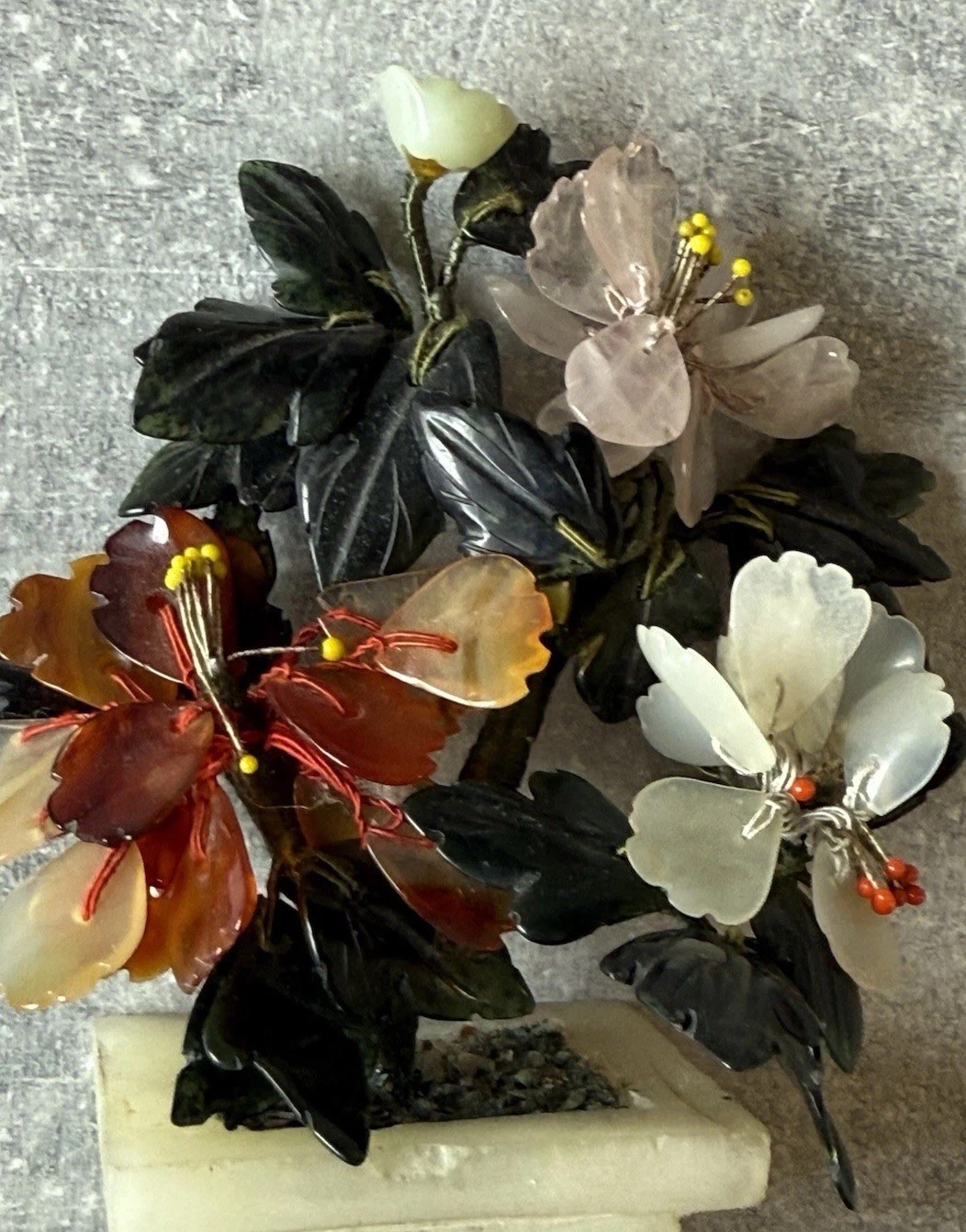Vintage Chinese Jade Carnelian Quartz Flowers Tree Jade Pot