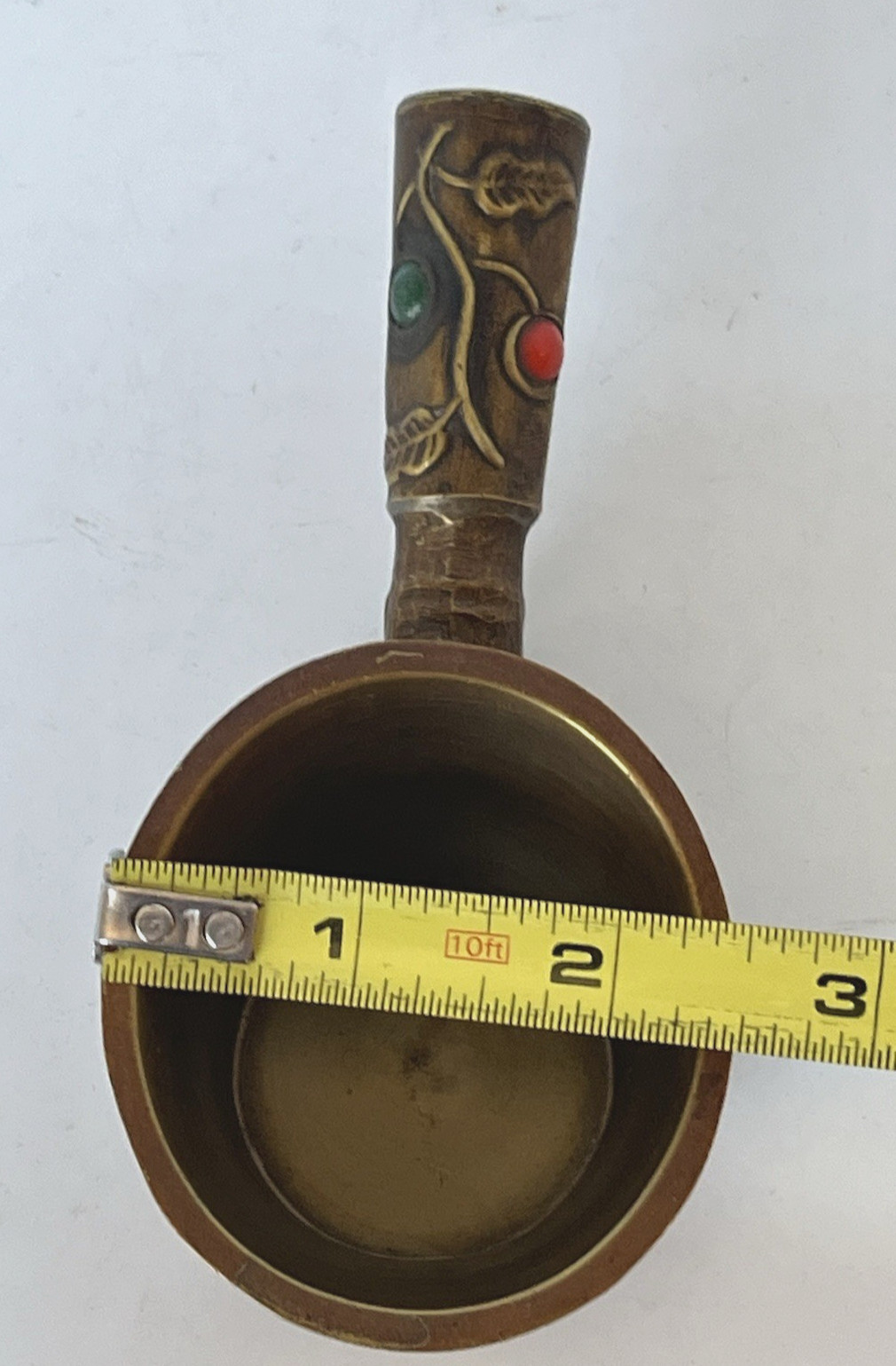 Vintage Brass Chinese Silk Coal Iron Floral Design Enamel Insets on Handle