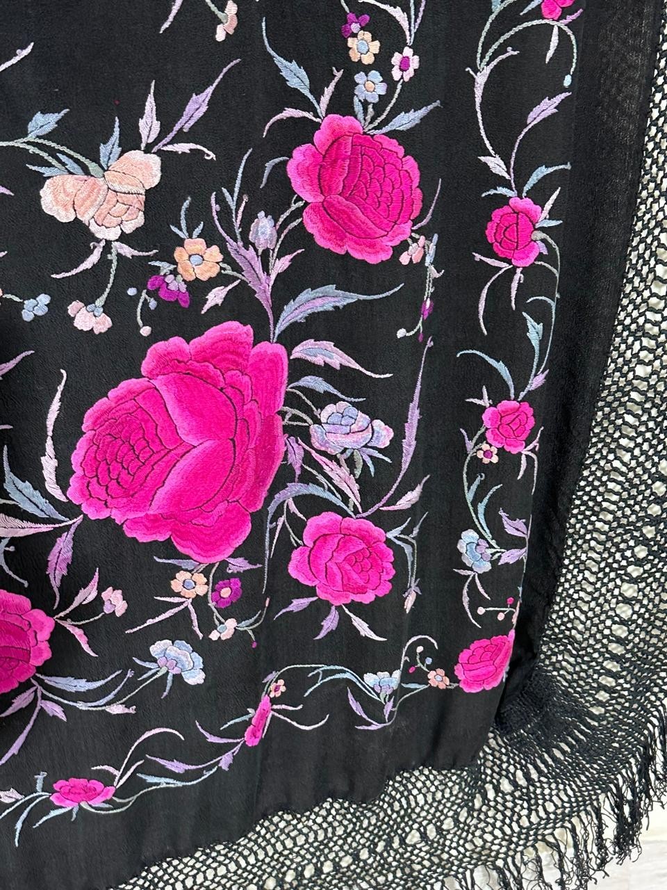 Antique Menton De Manila Silk Black Ground Multi Embroidery Piano Shawal,