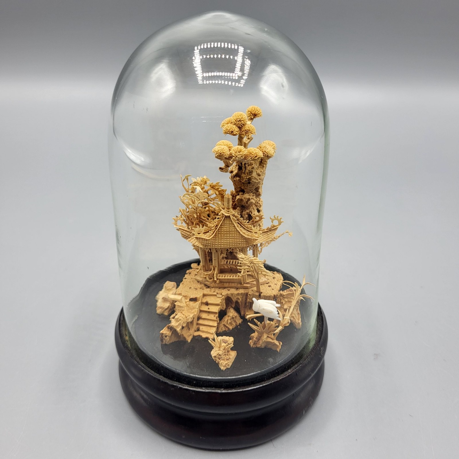 Vtg Chinese Carved Cork Diorama Glass Dome Dark Wood Base Small Shelf Decor READ