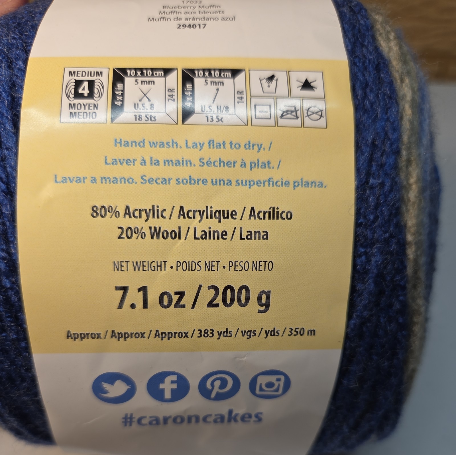 Caron Cakes Blueberry Muffin Worsted Self-Striping Yarn Blue Cream Gray